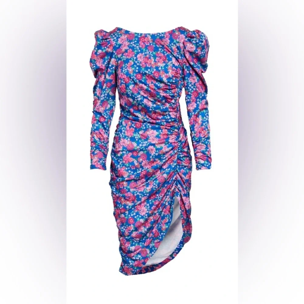 For Love & Lemons Annie Blue Purple Floral Satin Midi Dress Puff Sleeve Small